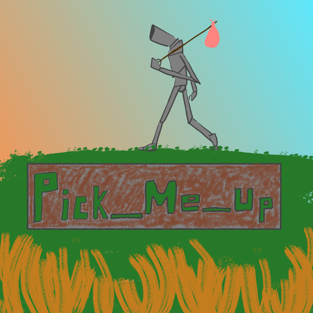 A grey automaton constructed out of tubes walks along a grassy hillside, brandishing a long branch with a pouch tied on the end. This is A Pick-Me-Up Story.